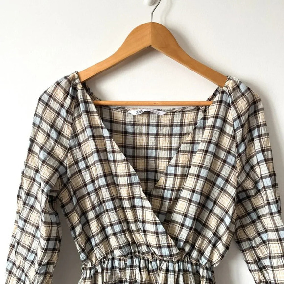 Zara Plaid Checker Long Sleeve Crinkle Romper Size XS - Picture 3 of 6